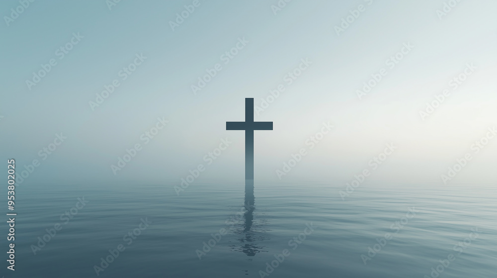 Illustration of a cross appearing to float in the center of a vast Illustration of a cross appearing to float in the center of a vast