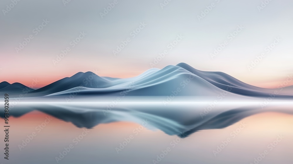 A serene landscape featuring soft mountains reflected in calm water, creating a tranquil and dreamy atmosphere. A serene landscape featuring soft mountains reflected in calm water, creating a tranquil and dreamy atmosphere.