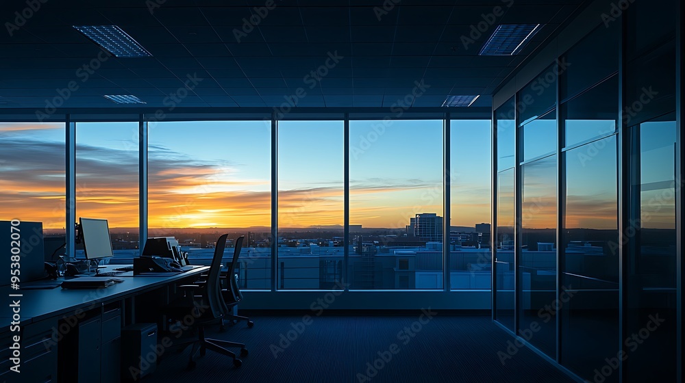 Fototapeta premium Empty Office with a Sunset View Through Large Windows