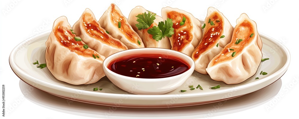 a pork dumpling with dipping sauce, Asian cuisine, soft texture, detailed illustration, isolated on white background a pork dumpling with dipping sauce, Asian cuisine, soft texture, detailed illustration, isolated on white background