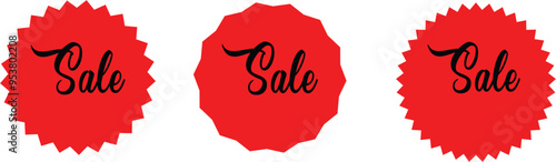 This image features three circular, red labels with the word "Sale" written in a stylized, cursive font. The labels are surrounded by sharp, angular edges, creating a dynamic  attention. 