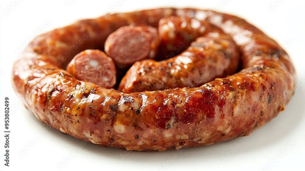 a pork sausage coil, traditional food element, rustic style, detailed texture, isolated on white background a pork sausage coil, traditional food element, rustic style, detailed texture, isolated on white background