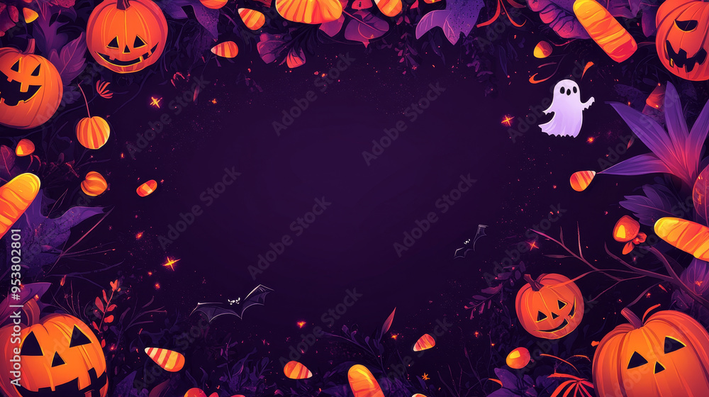 A Halloween themed background with pumpkins, bats, and ghosts A Halloween themed background with pumpkins, bats, and ghosts