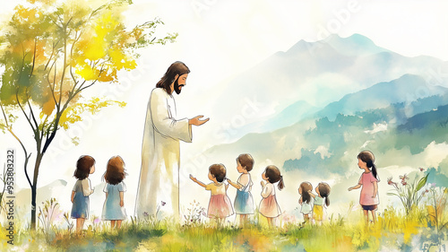 Watercolor illustration of Jesus gently interacting with children