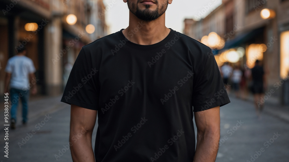 Modello che indossa una maglietta tshirt nera per mokeup senza loghi in mezzo ad una strada, abbigliamento di moda tra i giovani Modello che indossa una maglietta tshirt nera per mokeup senza loghi in mezzo ad una strada, abbigliamento di moda tra i giovani