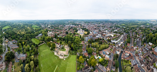 Winchester Cathedral and Wolvesey Castle, aerial view of the famous medieval architecture in Winchester, Hampshire photo