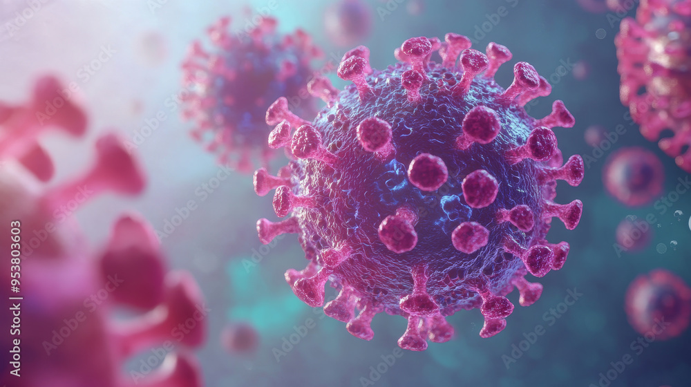 A close up of a virus with a blue background A close up of a virus with a blue background