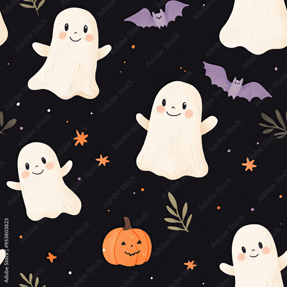 Cute Halloween pattern with smiling ghosts, pumpkins, and bats on a dark background Cute Halloween pattern with smiling ghosts, pumpkins, and bats on a dark background