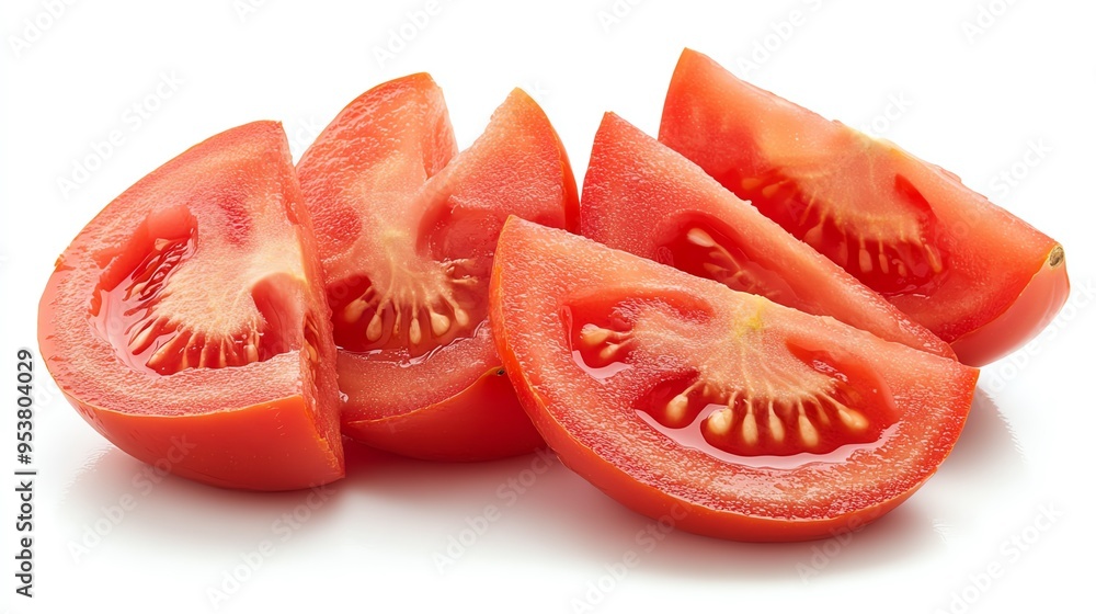 a tomato cut into wedges, clean and fresh, vibrant red tones, isolated on white background a tomato cut into wedges, clean and fresh, vibrant red tones, isolated on white background