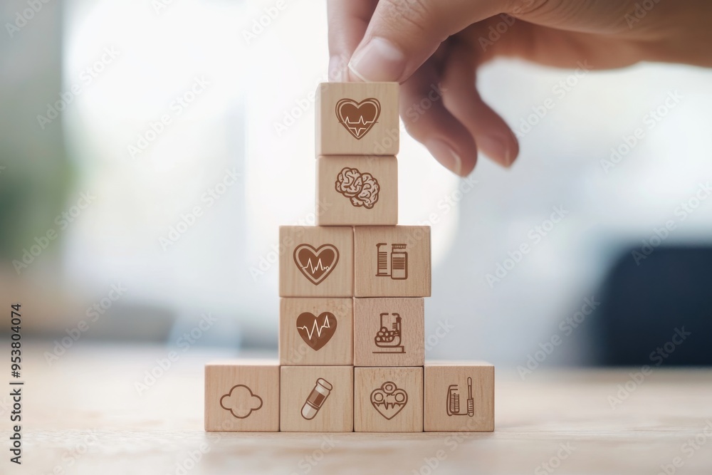 a hand constructing a tower with wooden blocks featuring various medical icons, such as a heart and a brain, to convey the idea of building a strong foundation for health through insurance a hand constructing a tower with wooden blocks featuring various medical icons, such as a heart and a brain, to convey the idea of building a strong foundation for health through insurance