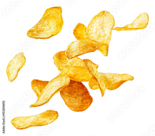 Golden chips soaring isolated on transparent background photo