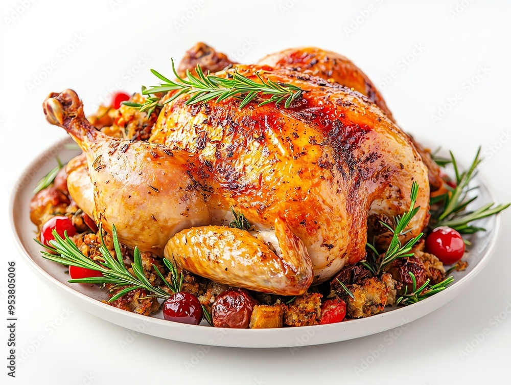 a whole roasted chicken with stuffing, holiday feast, golden and appetizing, isolated on white background a whole roasted chicken with stuffing, holiday feast, golden and appetizing, isolated on white background