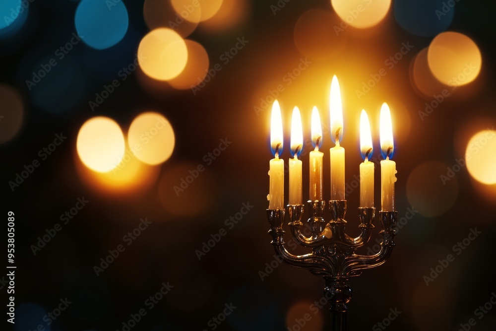 a macro shot of a single, glowing hanukkah candle, with a blurred background a macro shot of a single, glowing hanukkah candle, with a blurred background