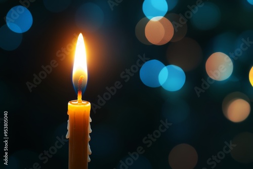 a macro shot of a single, glowing hanukkah candle, with a blurred background photo