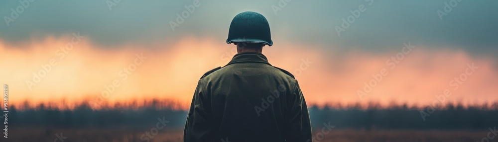 A soldier stands alone against a dramatic sunset, reflecting bravery and sacrifice in a war-torn landscape. A soldier stands alone against a dramatic sunset, reflecting bravery and sacrifice in a war-torn landscape.