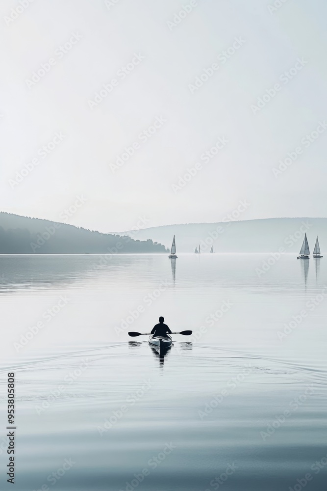 Naklejka premium a person kayaking on a calm lake with a few sailboats in the distance illustration