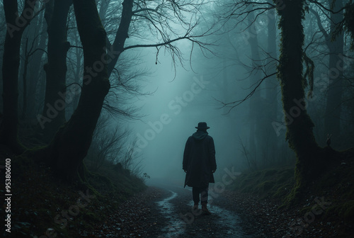 Mysterious Figure in Misty Forest: Eerie Atmosphere for Horror Films, Mystery Novels, and Halloween Promotions