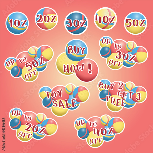 Set of Toy Sale stickers and bages. Text on multycolors balls background.