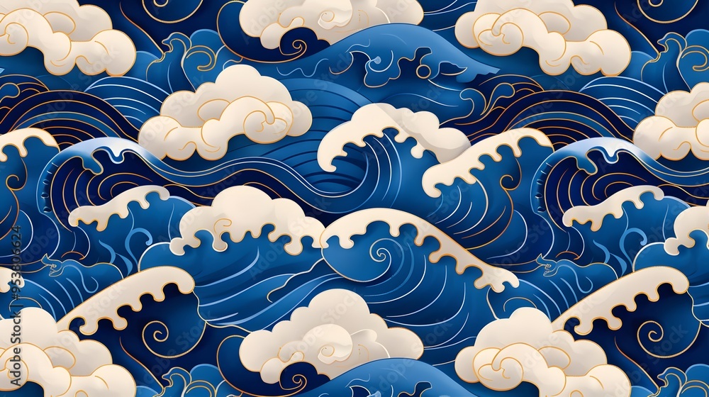 A blue and white pattern of waves with a lot of detail. The waves are very large and the pattern is very intricate A blue and white pattern of waves with a lot of detail. The waves are very large and the pattern is very intricate
