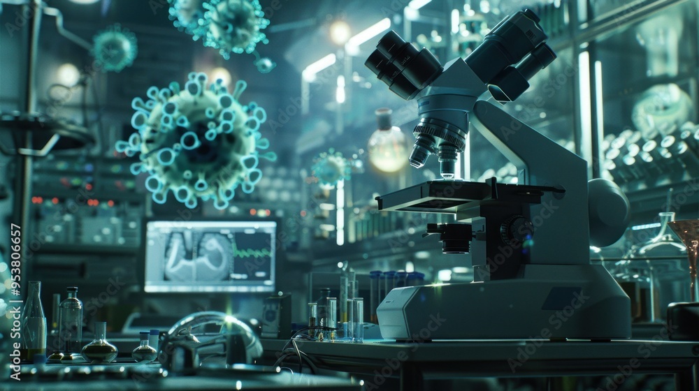 A cinematic view of a medical research lab, with a virus at the center of a complex study. A cinematic view of a medical research lab, with a virus at the center of a complex study.