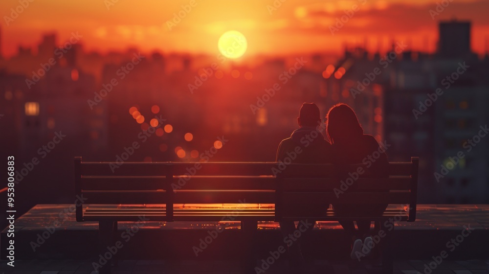 A couple on a city bench watching sunset flat design top view urban romance theme 3D render Monochromatic Color Scheme. A couple on a city bench watching sunset flat design top view urban romance theme 3D render Monochromatic Color Scheme.