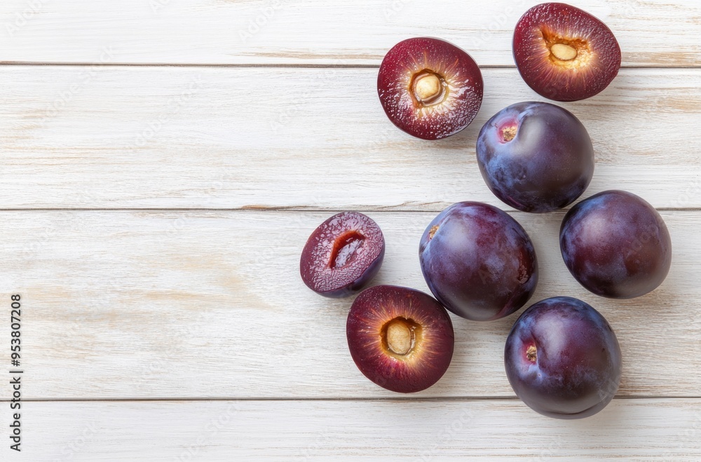 Fresh Plums on a White Wooden Background Fresh Plums on a White Wooden Background