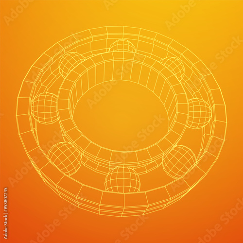 Roller bearing. Circular round rotating bearings used in industry for heavy equipment mechanical work and engineering. Wireframe low poly mesh vector illustration.