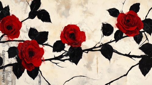 Abstract Artwork of Red Rose Blossoms with Black Leaves for Wall Decoration or Gift Generative AI