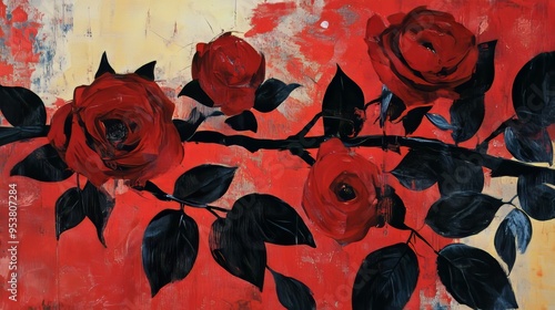 Abstract Artwork of Red Rose Blossoms with Black Leaves for Wall Decoration or Gift Generative AI