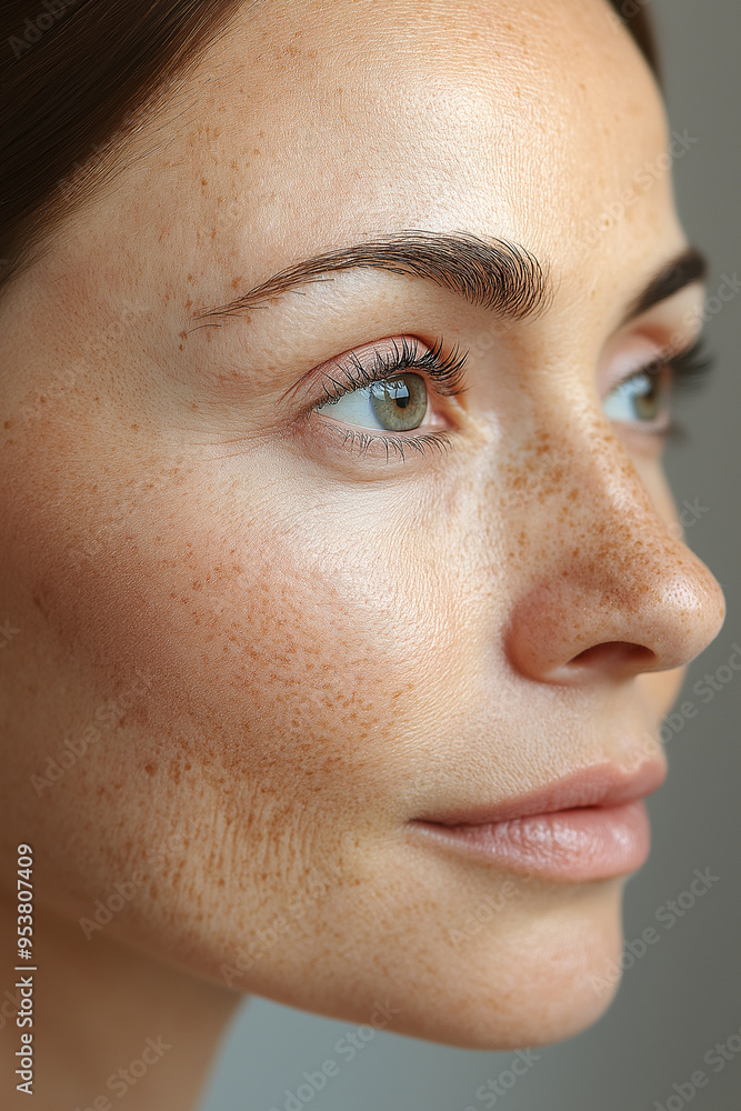 A woman with brown spots on her face due to aging A woman with brown spots on her face due to aging