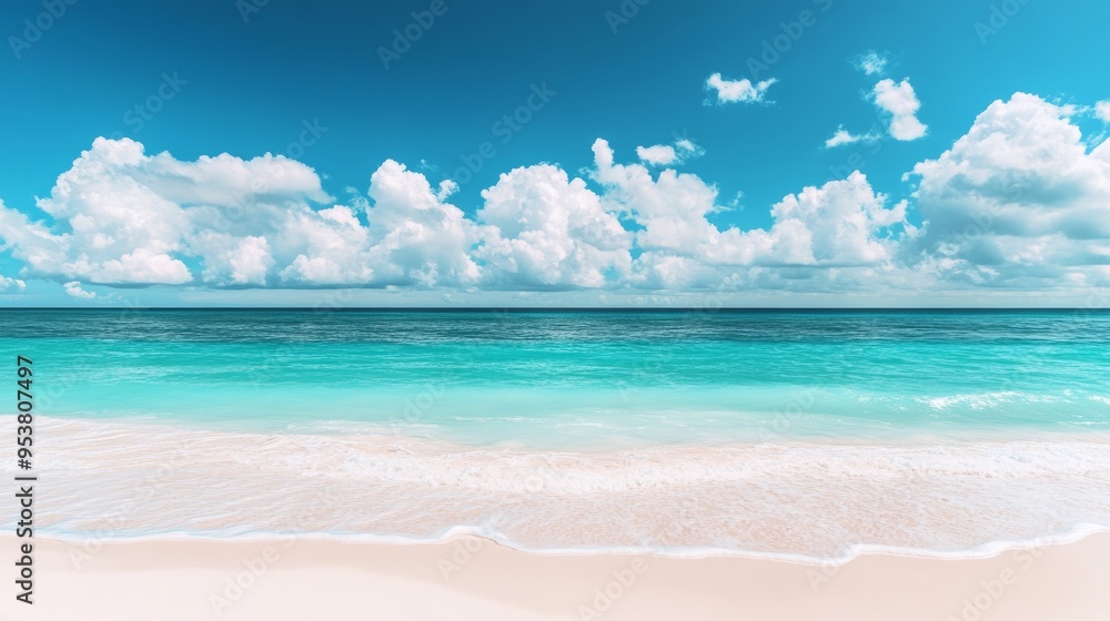 Fototapeta premium Beautiful Beach with White Sand and Turquoise Ocean Water, Panoramic View of a Sunny Day Generative AI
