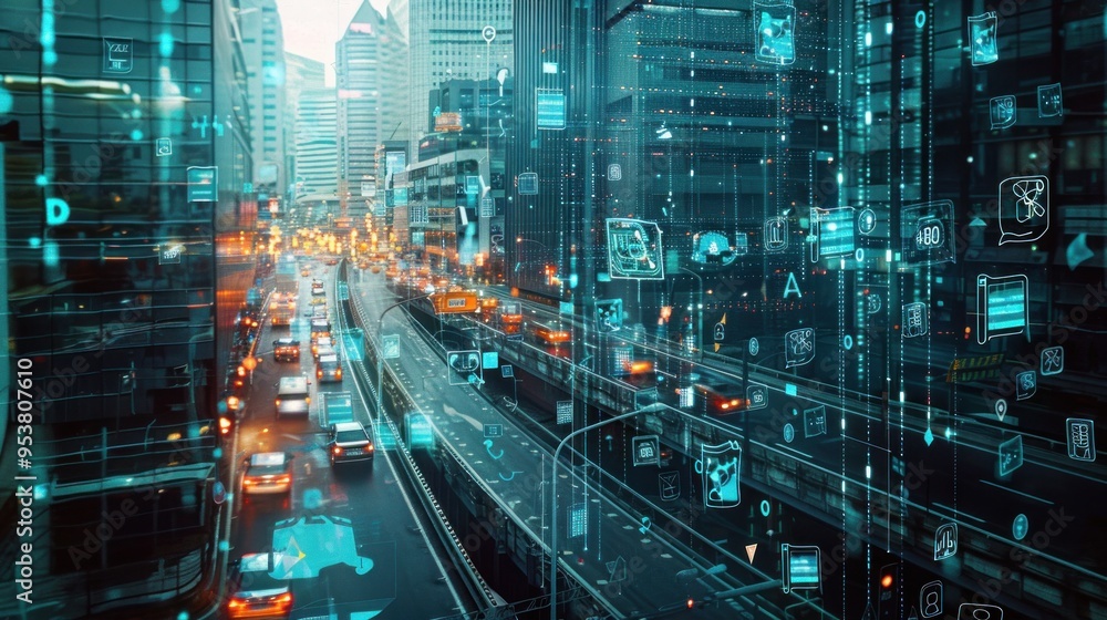 Algorithms displayed on a large screen, optimizing the routes for delivery drones in an urban setting. Algorithms displayed on a large screen, optimizing the routes for delivery drones in an urban setting.