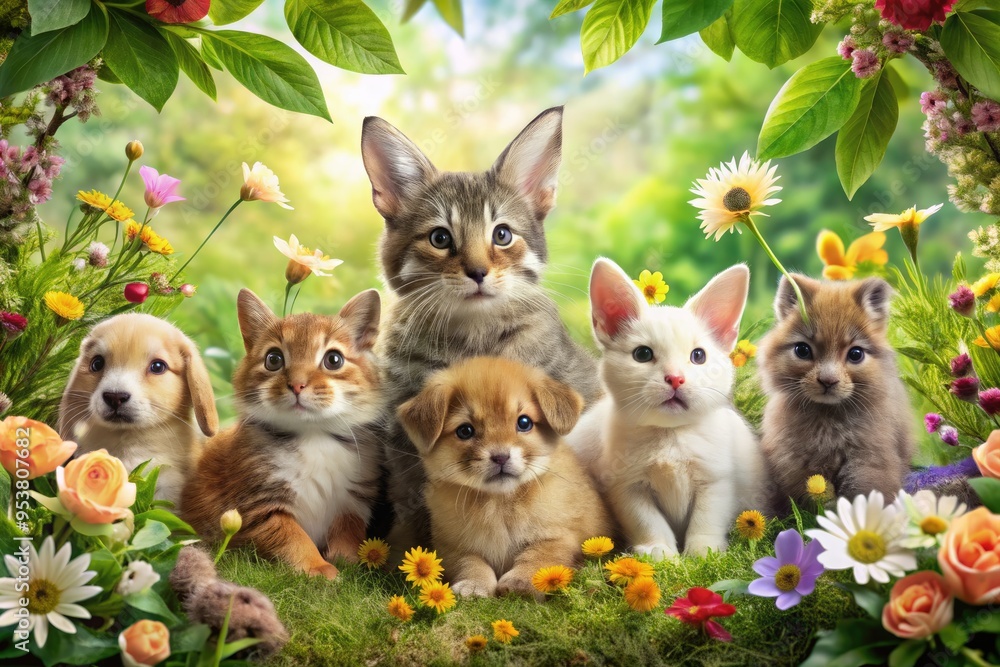 Fototapeta premium Adorable young rabbits, kittens, and puppies gathered together in a whimsical forest scene, surrounded by colorful flowers and leaves, perfect for a playful wallpaper.
