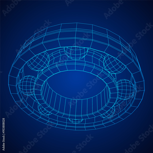 Roller bearing. Circular round rotating bearings used in industry for heavy equipment mechanical work and engineering. Wireframe low poly mesh vector illustration.