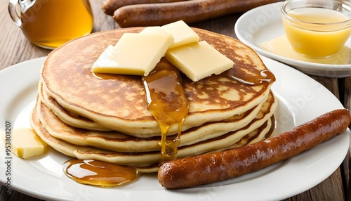 Studio shot of pancakes and sausage with butter and honey
