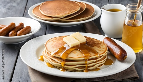 Studio shot of pancakes and sausage with butter and honey