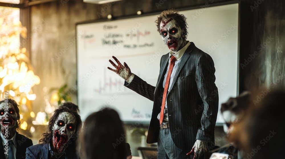 A zombie CEO giving a presentation to a group of undead employees. A zombie CEO giving a presentation to a group of undead employees.