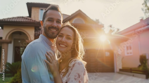 Happy couple standing in front of their new home. Young family buying new house, lifestyle. Rent or own real estate.