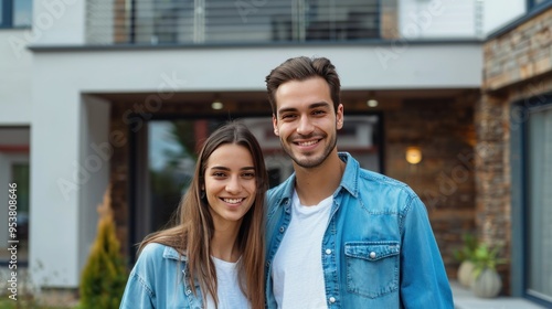 Happy couple standing in front of their new home. Young family buying new house, lifestyle. Rent or own real estate.