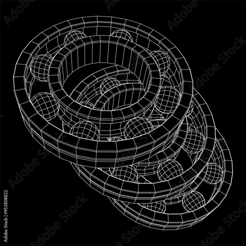 Roller bearing. Circular round rotating bearings used in industry for heavy equipment mechanical work and engineering. Wireframe low poly mesh vector illustration.