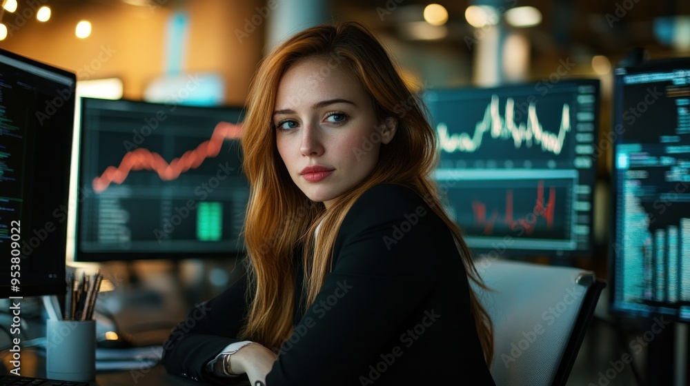 Young Woman in Black Blazer Working at Computer with Data Charts on Multiple Monitors Young Woman in Black Blazer Working at Computer with Data Charts on Multiple Monitors