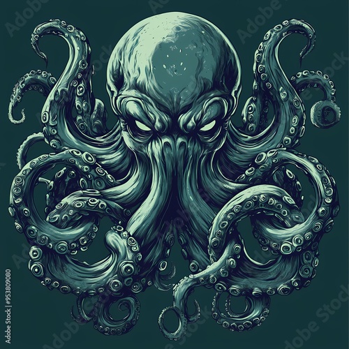 A Detailed Illustration of a Monstrous Octopus with Glowing Eyes photo