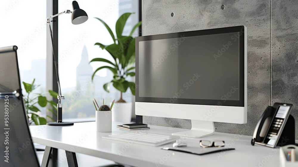 contemporary office setup with a computer, showcasing a large monitor, and an ergonomic chair. contemporary office setup with a computer, showcasing a large monitor, and an ergonomic chair.