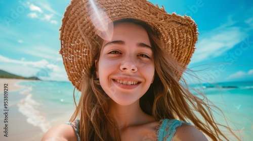 closeup shot of a good looking female tourist. Enjoy free time outdoors near the sea on the beach. Looking at the camera while relaxing on a clear day Poses for travel selfies smiling happy tropical. #953809292