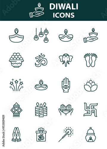 Diwali hindu celebration elements, line icons photo