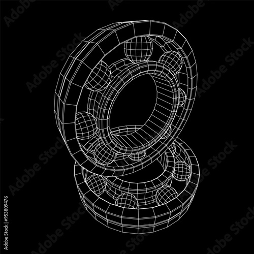Roller bearing. Circular round rotating bearings used in industry for heavy equipment mechanical work and engineering. Wireframe low poly mesh vector illustration.