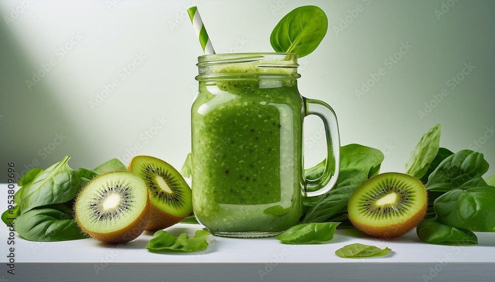 A refreshing green smoothie in a mason jar, surrounded by slices of kiwi and spinach leaves, A refreshing green smoothie in a mason jar, surrounded by slices of kiwi and spinach leaves,