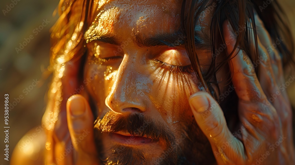 A close-up of the healing hands of Jesus gently touching the eyes of a blind man, a soft, radiant light emerging from His fingertips, the background softly blurred with warm, ethereal light, A close-up of the healing hands of Jesus gently touching the eyes of a blind man, a soft, radiant light emerging from His fingertips, the background softly blurred with warm, ethereal light,