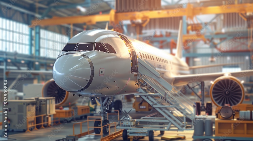 Obraz premium An aerospace facility constructing aircraft flat design side view aviation manufacturing.