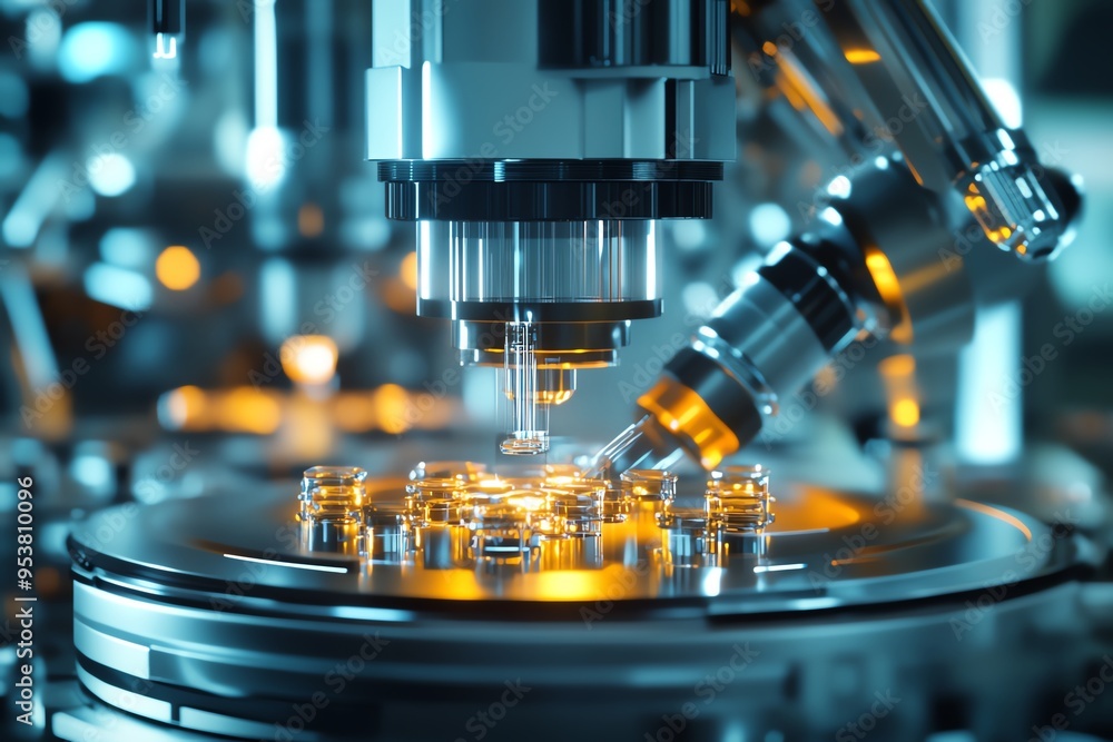 A microscope with a yellow substance on it A microscope with a yellow substance on it